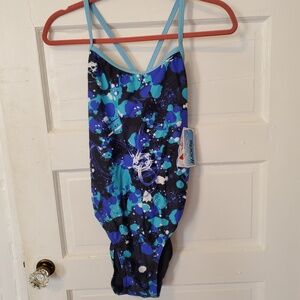 NWT Sporti blue tones paint splatter bathing suit, size 40